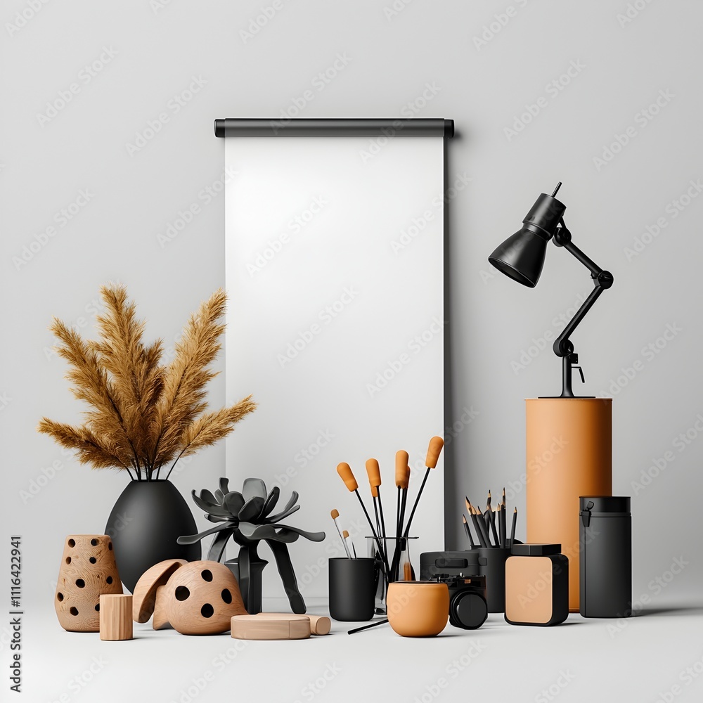Poster meticulously designed minimalist studio scene with empty roll up banner precise lighting and clean g