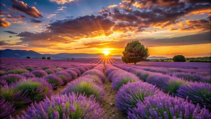 Lavender fields in Provence bask in a beautiful sunset, soft purple hues merging with golden light, creating a serene nature scene full of tranquil beauty.