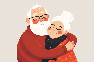Flat cartoon style illustration: cheerful grandfather with white hair, white beard, glasses. He hugs with one hand cheerful grandmother with white hair and hair bun. 