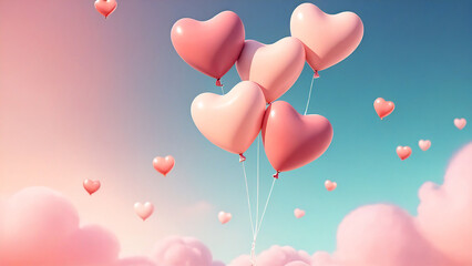 Floating heart-shaped balloons in blue sky.
