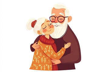 Flat cartoon style illustration:Happy seniors together. Old man and old woman hugging