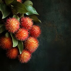 Fototapeta premium A vibrant cluster of rambutan fruits with glossy leaves against a dark background, suitable for use in food blogs, culinary publications, and tropical-themed design projects,