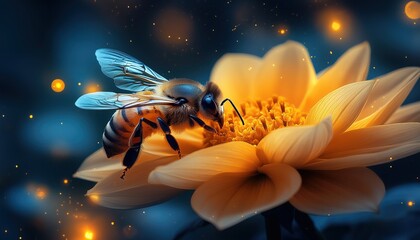 Naklejka premium Bee resting on a dahlia flower under the moonlight