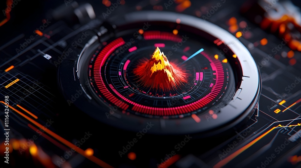 Poster explosive cosmic digital interface with futuristic high tech elements including circuits lasers rada