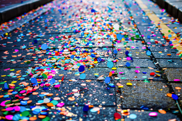 Obraz premium Colorful explosion of confetti is scattered across the street.