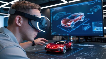 A person using virtual reality to design a car model in a tech-focused workspace.