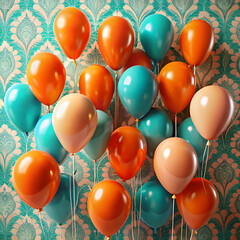coral orange and turquoise balloons raising in the air 