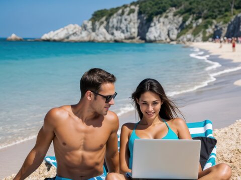 young couple enjoys a relaxing day at a tropical beach, distance working on a laptop