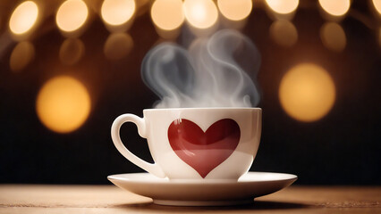 Cozy steaming coffee cup with heart motif.