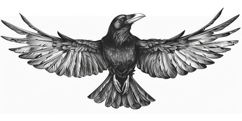 Obraz premium Drawing Black And White. Crow Tattoo Illustration of Flying Raven Bird Front View