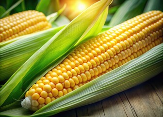 Lush corn and fresh green leaves create a vibrant backdrop, beautifully illustrating nature's harvest. Ideal for culinary themes and celebrating agricultural abundance. Nature's bounty on display.