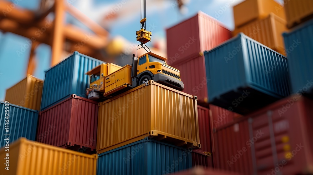 Poster aerial view of a bustling cargo port with towering stacks of shipping containers active loading and 