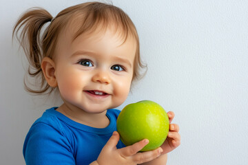 Fototapeta premium Caucasian toddler girl with cute pigtails in a blue shirt holding a green apple, with a white wall behind her. Copy space.