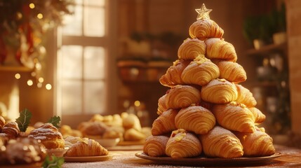 Naklejka premium A delicious Christmas tree of buttery croissants in a bakery, highlighted by seasonal decor and warm, inviting tones.
