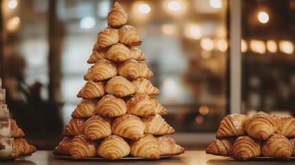 A festive Christmas tree made of golden croissants stacked artistically on a store counter, glowing under warm lights. A sweet and unique holiday display.