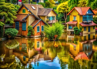 Obraz premium Macro photography showcases homes in flood-prone areas, revealing resilience against natureâ€™s challenges and the profound impact of water on residential landscapes.