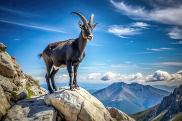Obraz premium Majestic black goat perched on a rugged mountain peak, symbolizing strength and adventure, epitomizing wildlife beauty in a stunning outdoor landscape with nature's splendor.