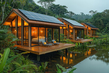 Fototapeta premium Eco-friendly cabins with solar panels by a tranquil pond in the rainforest.
