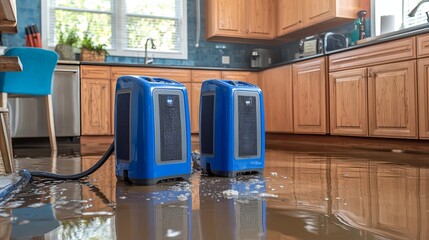Two blue water extraction units stand on a flooded kitchen floor, highlighting a response to water damage and cleanup.