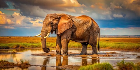 Fototapeta premium Majestic Elephant in Muddy Water: A Minimalist Wildlife Scene in the Savannah