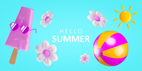 Hello Summer poster or banner template with pool ball, ice cream glasses, sun, and summer element on black backround. 3D render illustration.