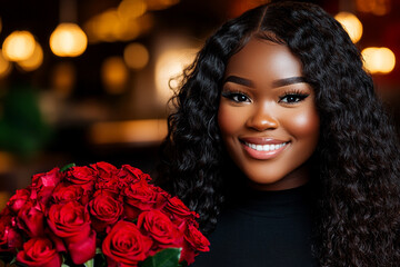 Fototapeta premium Elegant African woman with curly hair holding a bouquet of red roses, enjoying a romantic Valentine’s Day dinner. Copy space.