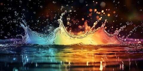A vibrant crown-shaped water splash with droplets suspended in air, set against a blue background, depicting the concept of purity. Generative AI