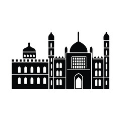 a black and white illustration of three different types of buildings