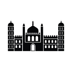 a black and white illustration of three different types of buildings