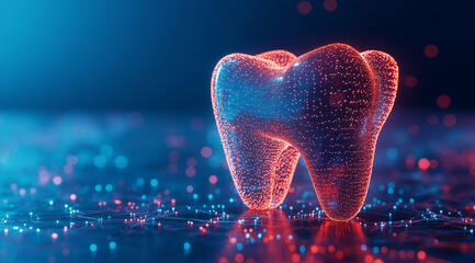 Close-up of digital teeth with holographic details on a blue background, a futuristic concept for dental technology and a healthy bite in the shape of a heart.