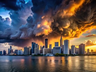 Obraz premium Miamiâ€™s skyline is obscured by dark storm clouds, hinting at the impending hurricane, transforming the calm atmosphere into a tense, foreboding scene.