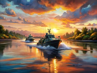 Fototapeta premium Military boats glide gracefully along calm waters, showcasing stunning nautical-inspired fashion photography amid stylish vessel designs and picturesque scenery for a truly unique visual experience.