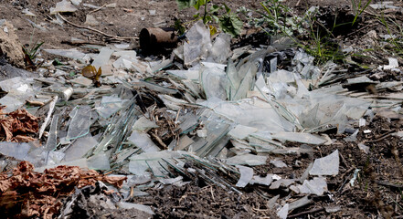 Broken Window Glass Shards Pile Garbage  Waste Environmental Pollution Urban Trash Debris Sharp Fragments Recycling Problem Ecological Crisis Dangerous Litter Contamination Waste Management Issue