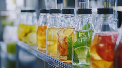 An elegant beverage lab focused on developing innovative soft drink flavors, where researchers combine exotic fruits and natural sweeteners to create refreshing, low-sugar drinks.