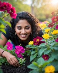Naklejka premium Young Indian Woman Enjoying Gardening Amidst Colorful Blossoming Flowers