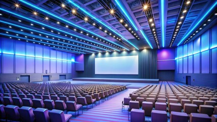 Naklejka premium Modern auditorium featuring empty seats and a large screen, ideal for corporate events, product photography, business presentations, and conferences, offering a sleek, professional atmosphere.