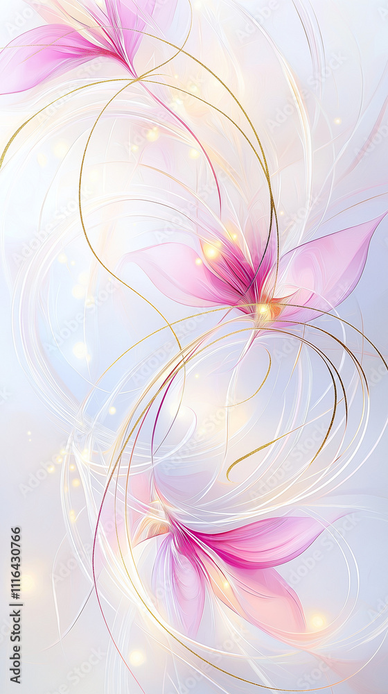 Wall mural a soft flowing abstract of pink and gold lines and shapes on white background.