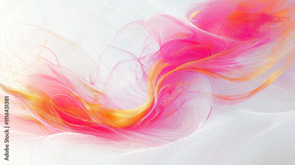Poster a soft flowing abstract of pink and gold lines and shapes on white background.