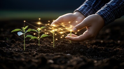 Fototapeta premium Nurturing Growth: Hands Gently Cultivating Illuminated Saplings