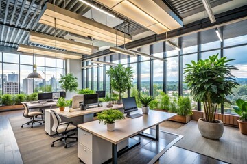 Fototapeta premium Modern office featuring ceiling-mounted air conditioning, expansive windows, and abundant greenery, creating a revitalizing and refreshing atmosphere for an enjoyable work environment.