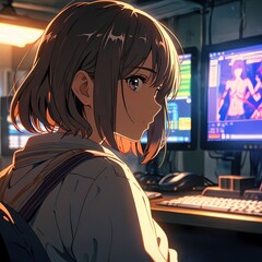 Anime Girl sitting at her computer 
