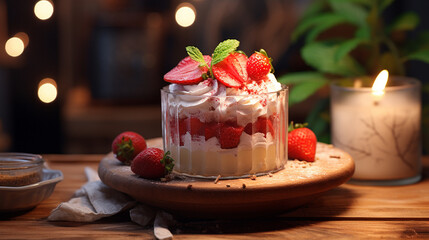 Dessert with strawberries on wooden table Vibra