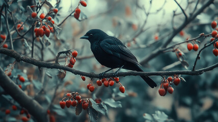 Black Bird Perched on Tree Branch with Red Berries in Soft Natural Light During Autumn Season