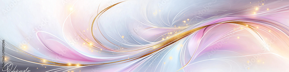 Poster a soft flowing abstract of pink and gold lines and shapes on white background.