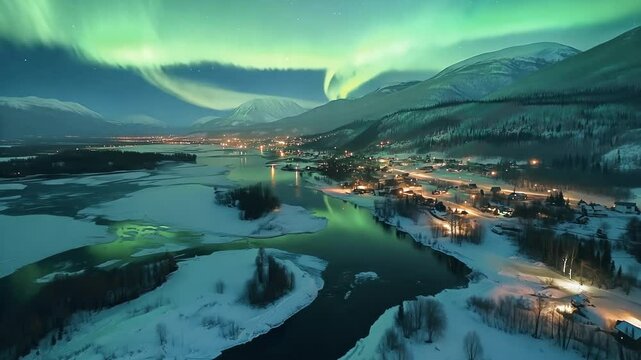 Aurora borealis northern lights landscape in nordic arctic forest, city, pines and snow sunset during the night