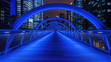 Obraz premium Stunning Night View of a Modern Pedestrian Bridge Illuminated with Blue Lights Surrounded by Skyscrapers and Night Sky in a Urban Cityscape