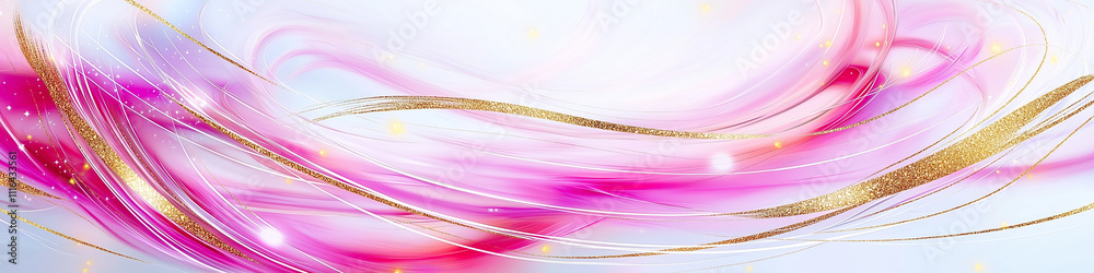 Poster a soft flowing abstract of pink and gold lines and shapes on white background.