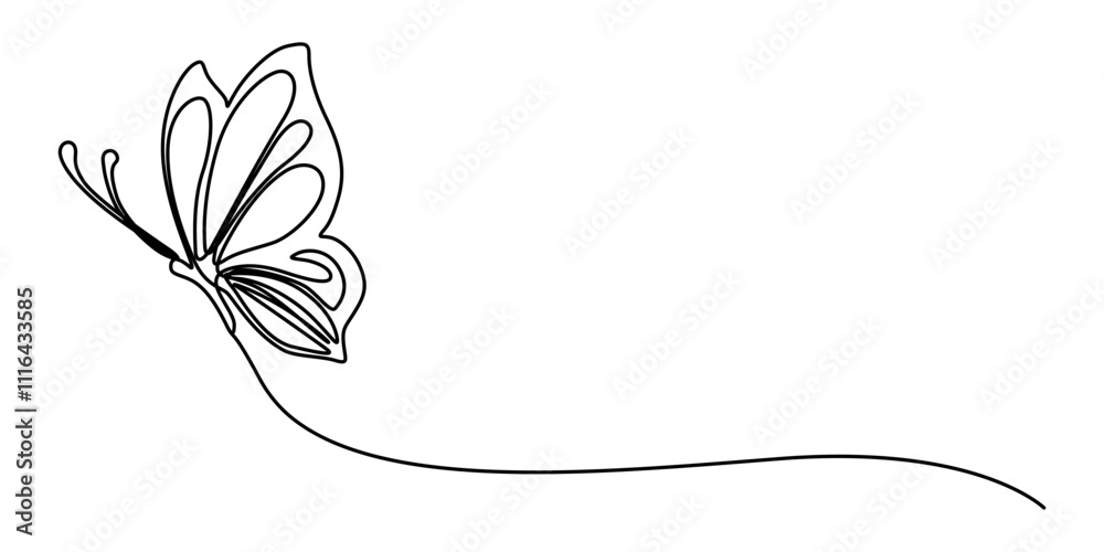 Poster butterfly in one continuous line drawing, butterfly in one continuous line drawing. beautiful flying