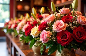 A variety of flower arrangements in vases are displayed in the window of the flower shop, the concept of a flower shop and delivery.