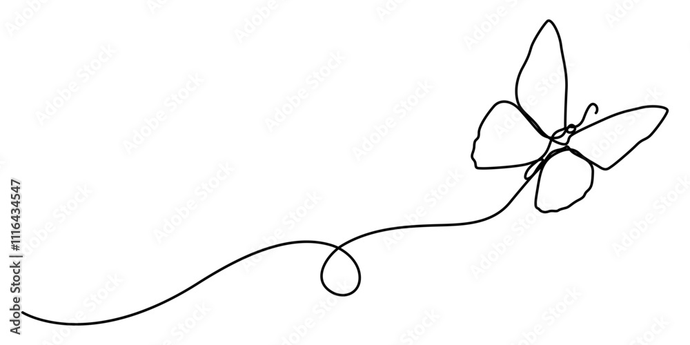 Poster butterfly in one continuous line drawing, butterfly in one continuous line drawing. beautiful flying